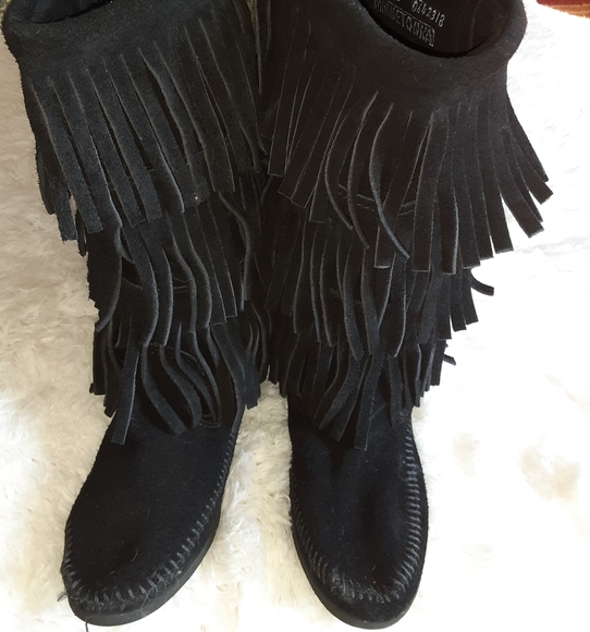 black fringe moccasin boots
